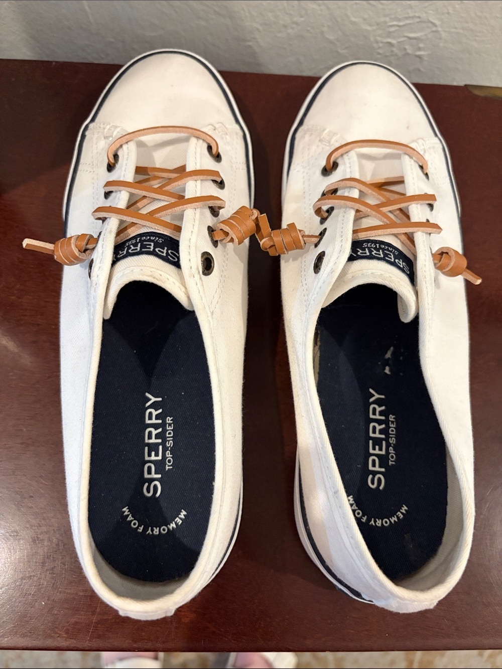 Sperry Top Sider White Canvas Sneakers with Tan Leather Laces